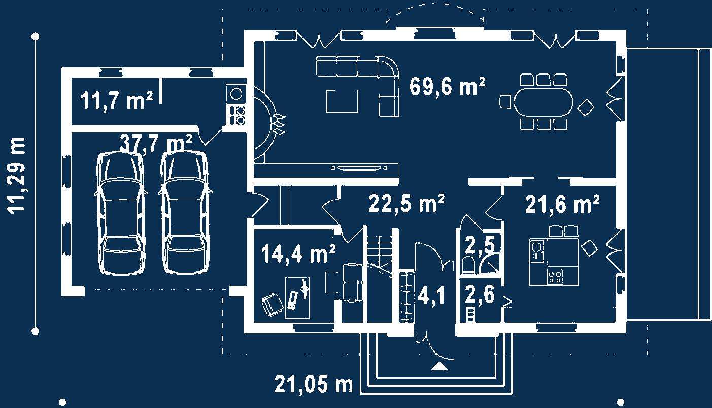 Plan parter Casă cu mansardă 272 mp utili, un dormitor, 2 băi