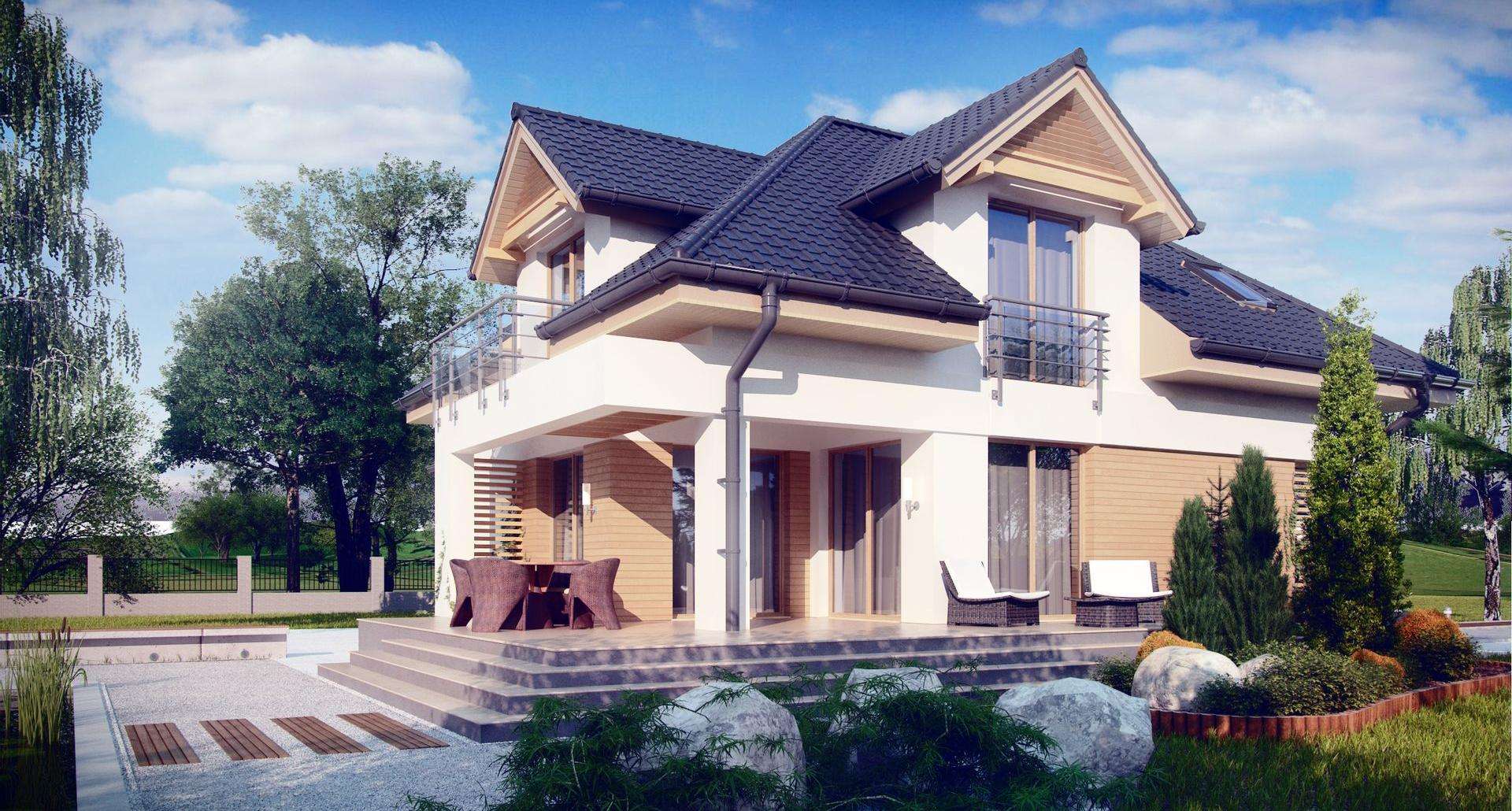 Fatada Casă cu mansardă 142 mp utili, un dormitor, 2 băi