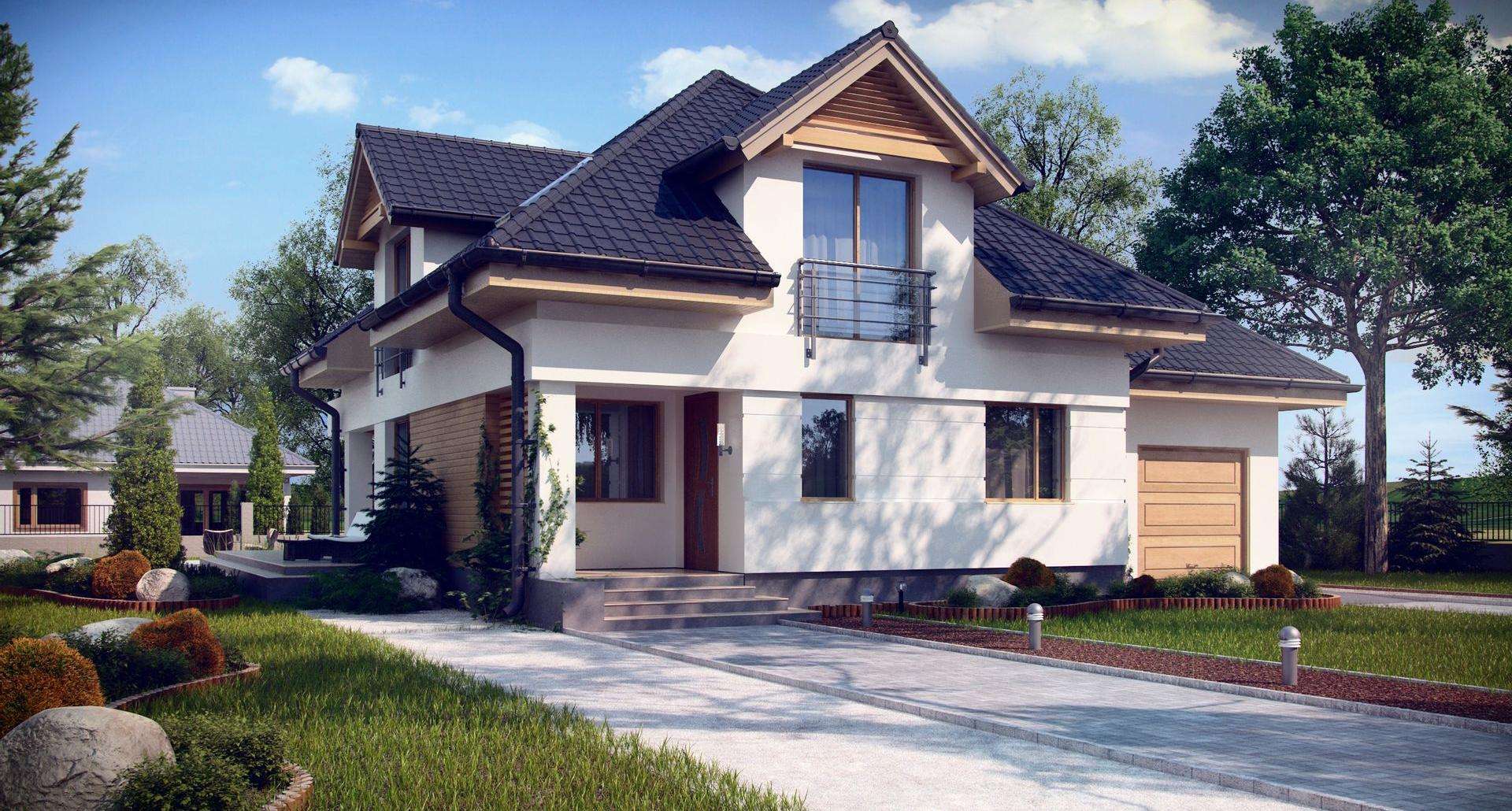 Fatada Casă cu mansardă 142 mp utili, un dormitor, 2 băi