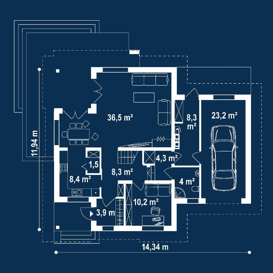 Plan parter Casă cu mansardă 142 mp utili, un dormitor, 2 băi