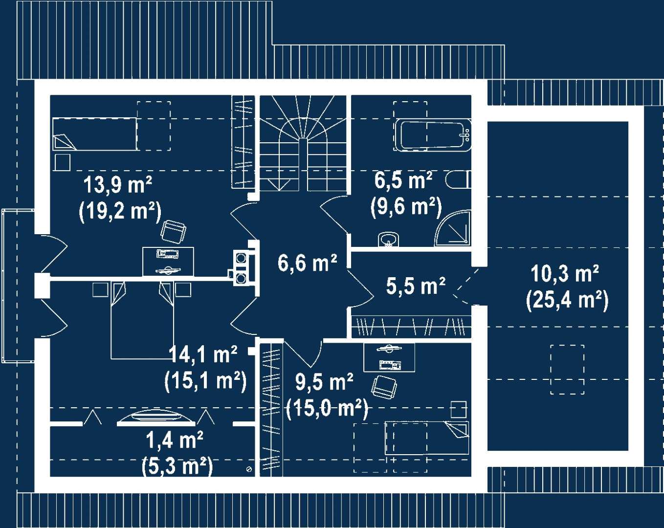 Plan mansardă Casă cu mansardă 136 mp utili, un dormitor, 2 băi