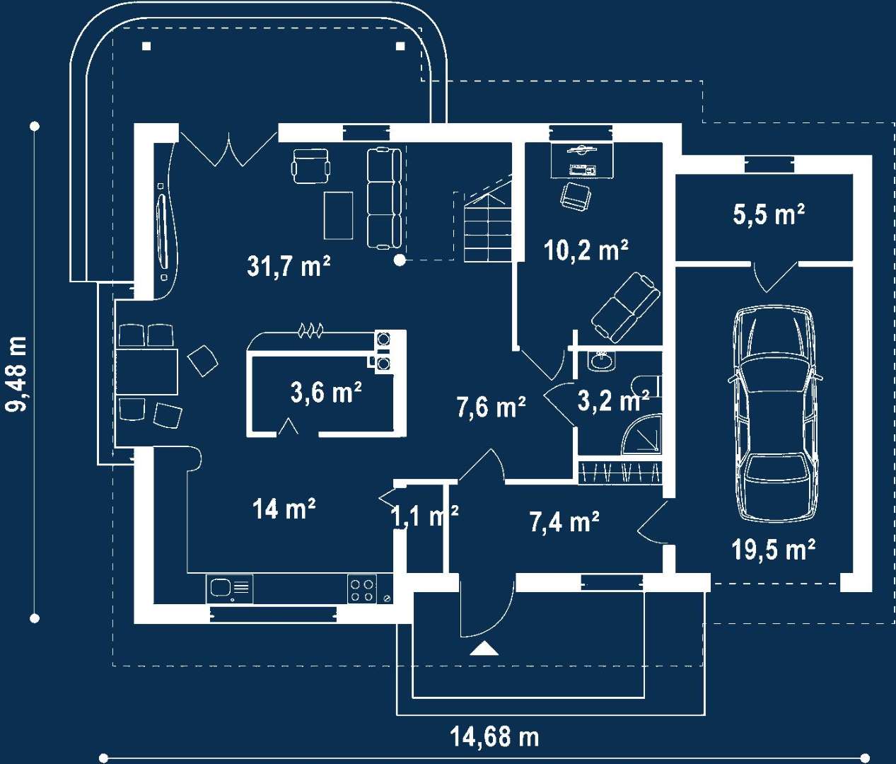 Plan parter Casă cu mansardă 136 mp utili, un dormitor, 2 băi