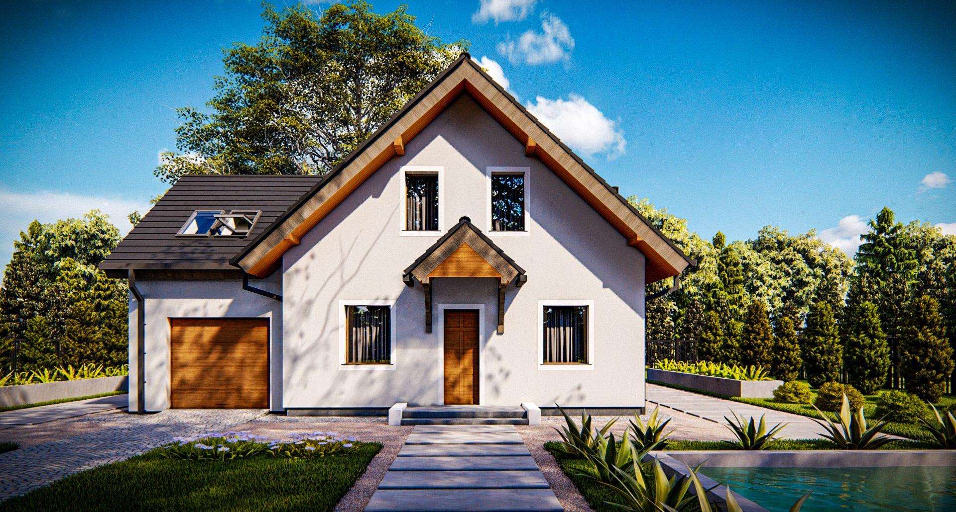 Fatada Casă cu mansardă 111 mp utili, un dormitor, 2 băi