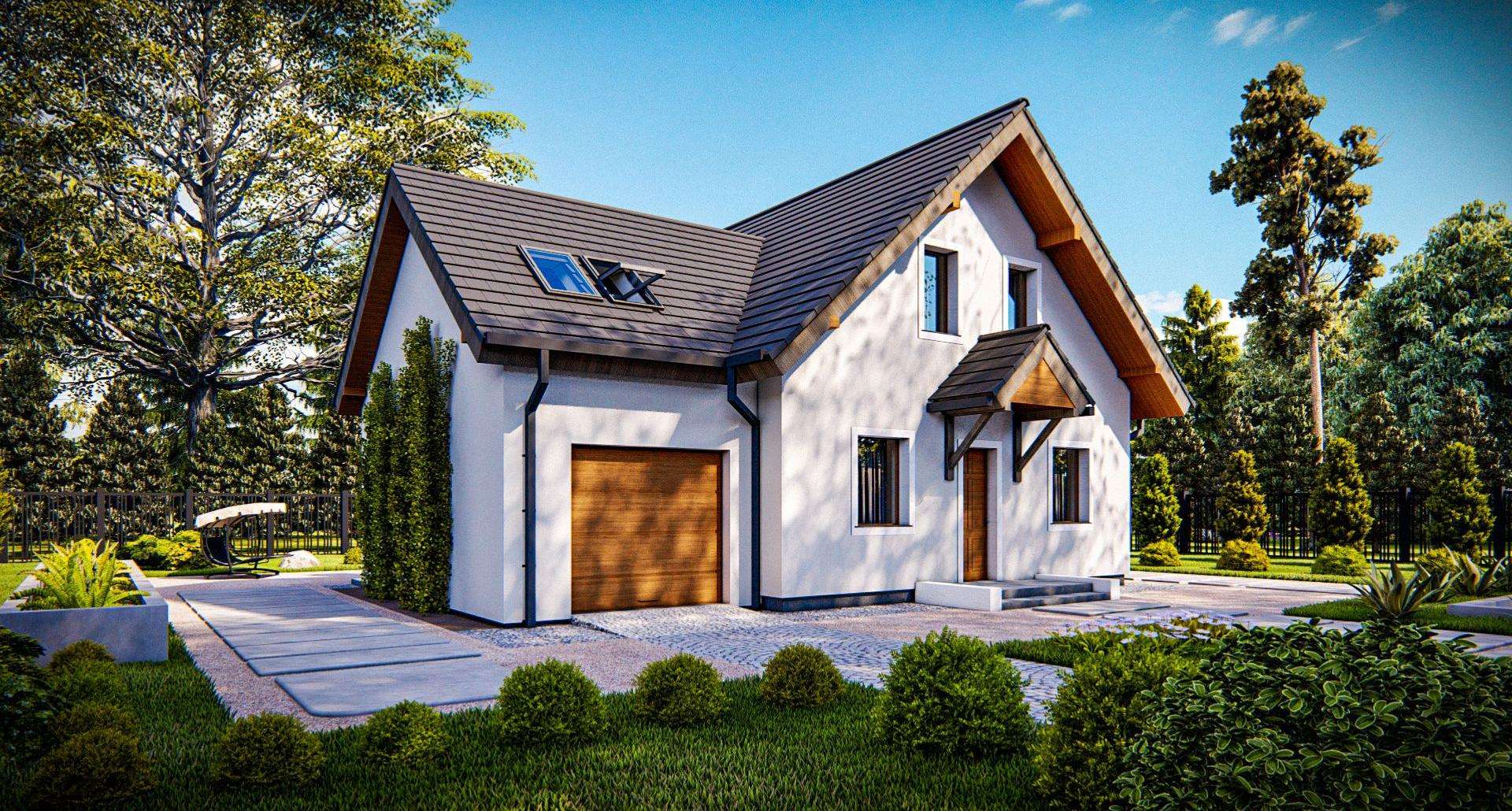 Fatada Casă cu mansardă 111 mp utili, un dormitor, 2 băi