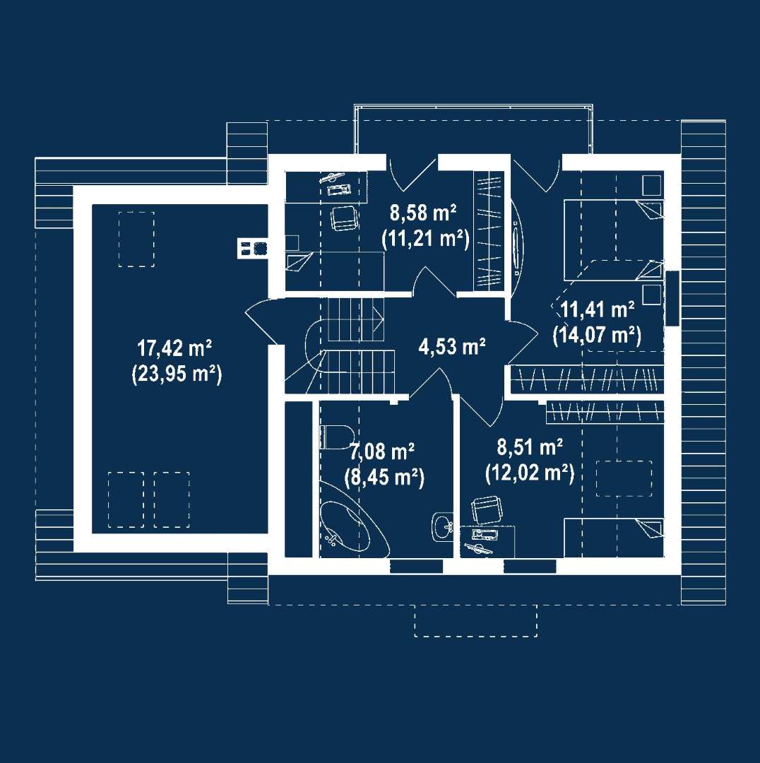 Plan mansardă Casă cu mansardă 111 mp utili, un dormitor, 2 băi