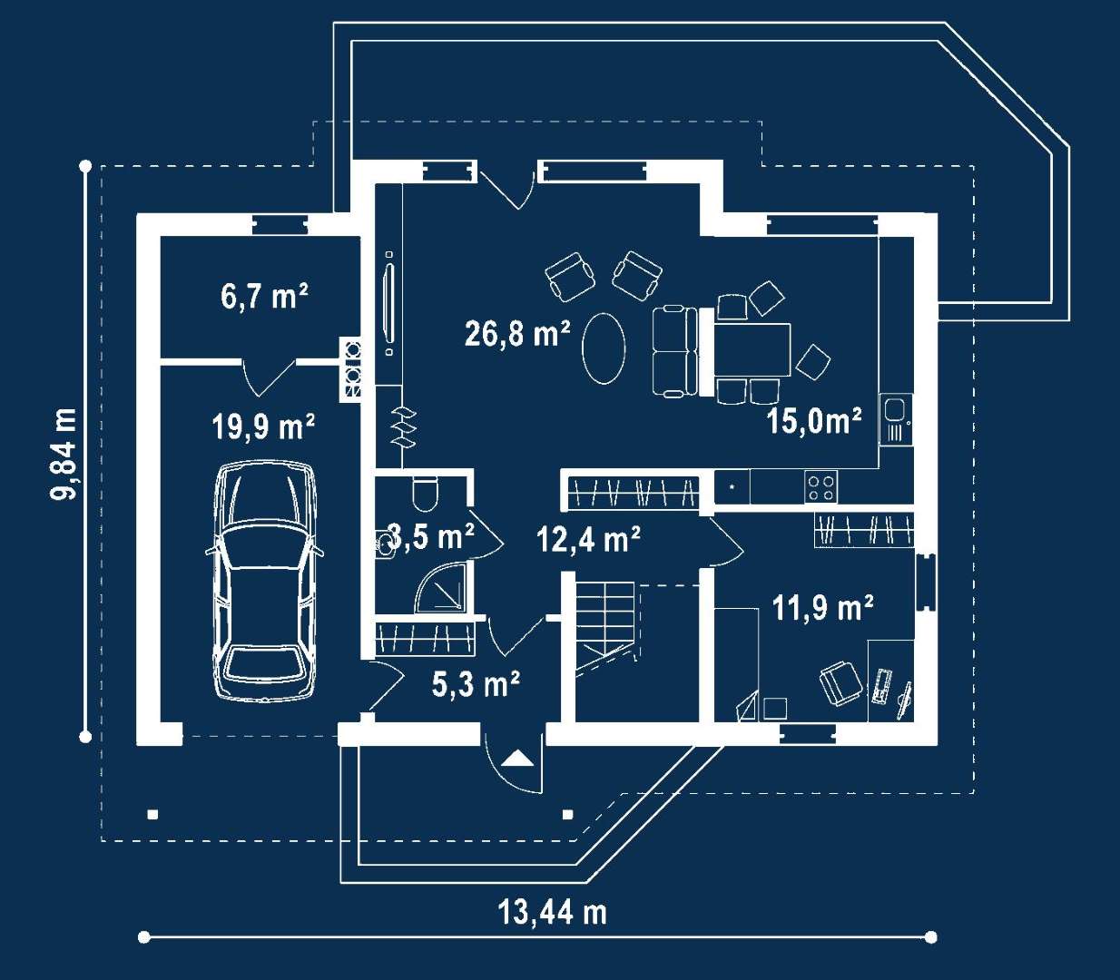 Plan parter Casă cu mansardă 157 mp utili, un dormitor, 2 băi