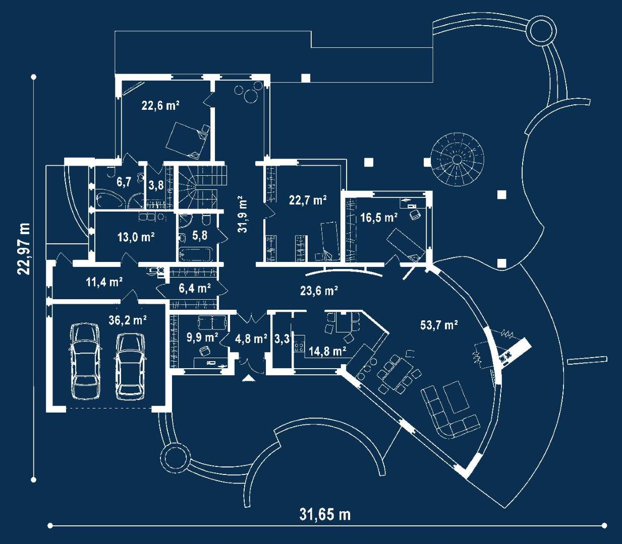 Plan parter Casă cu mansardă 344 mp utili, 3 dormitoare, 3 băi