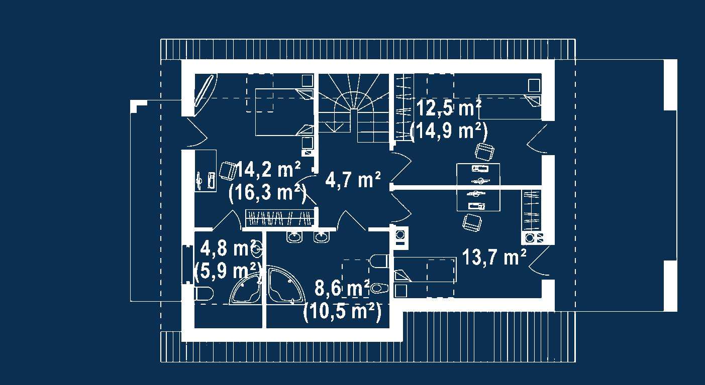 Plan mansardă Casă cu mansardă 122 mp utili, un dormitor, 2 băi