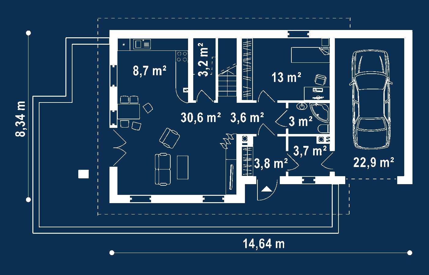 Plan parter Casă cu mansardă 122 mp utili, un dormitor, 2 băi