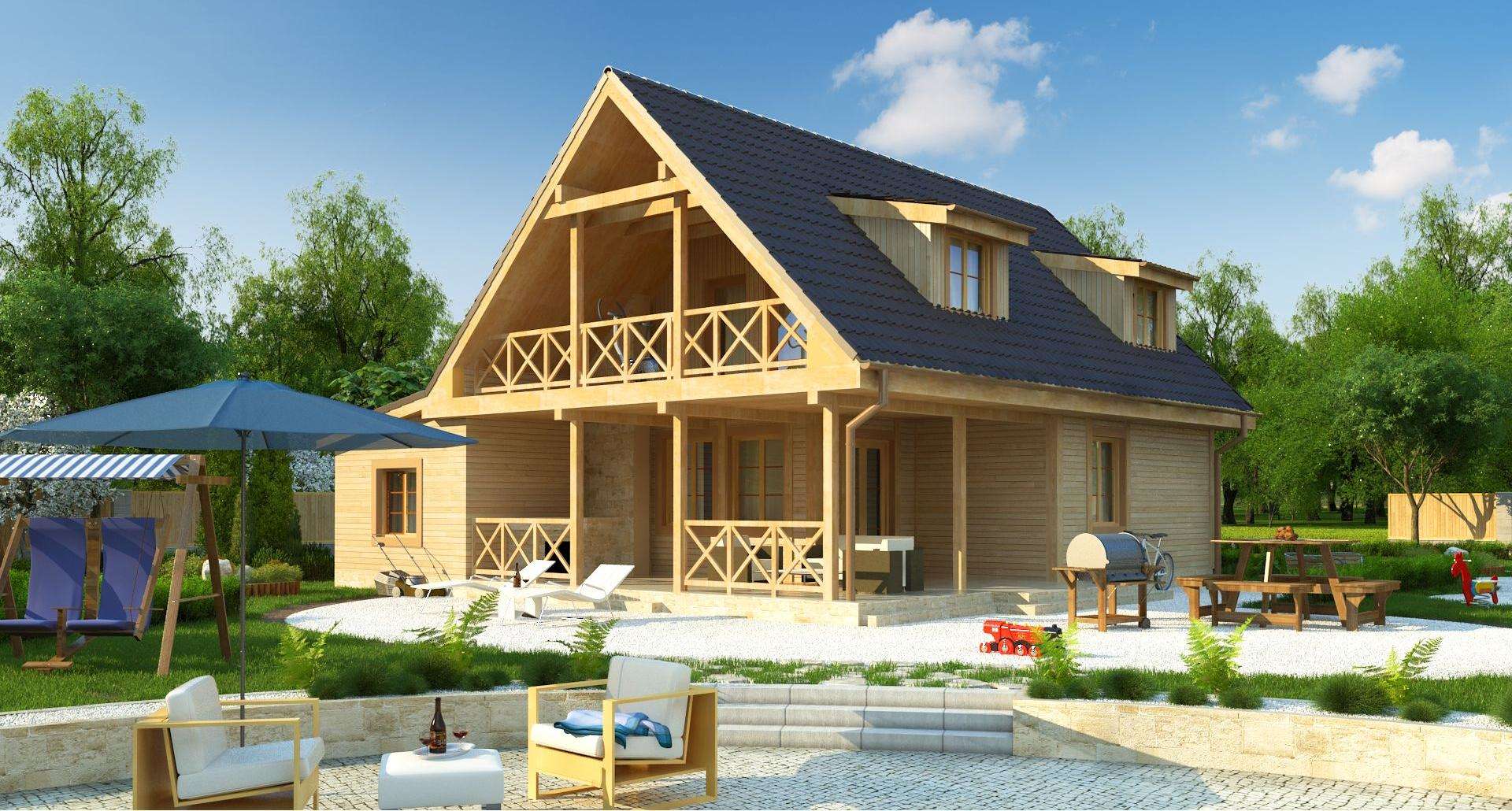 Fatada Casă cu mansardă 89 mp utili, un dormitor, 2 băi