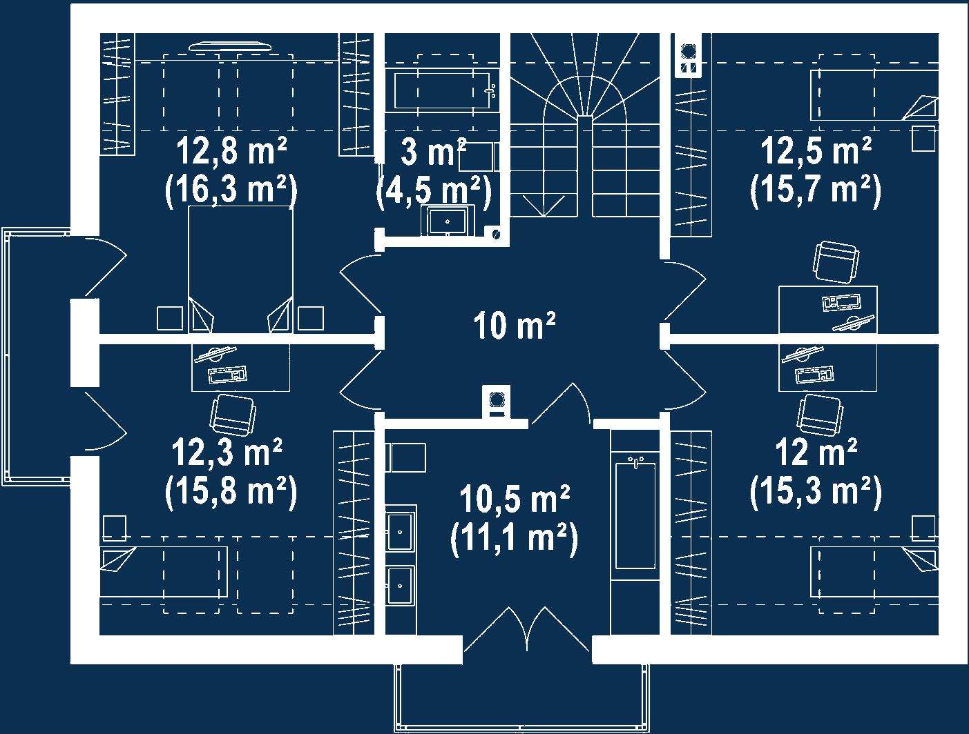 Plan mansardă Casă cu mansardă 133 mp utili, un dormitor, 2 băi
