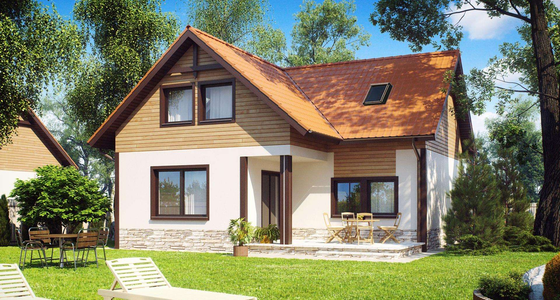 Fatada Casă cu mansardă 117 mp utili, un dormitor, 2 băi