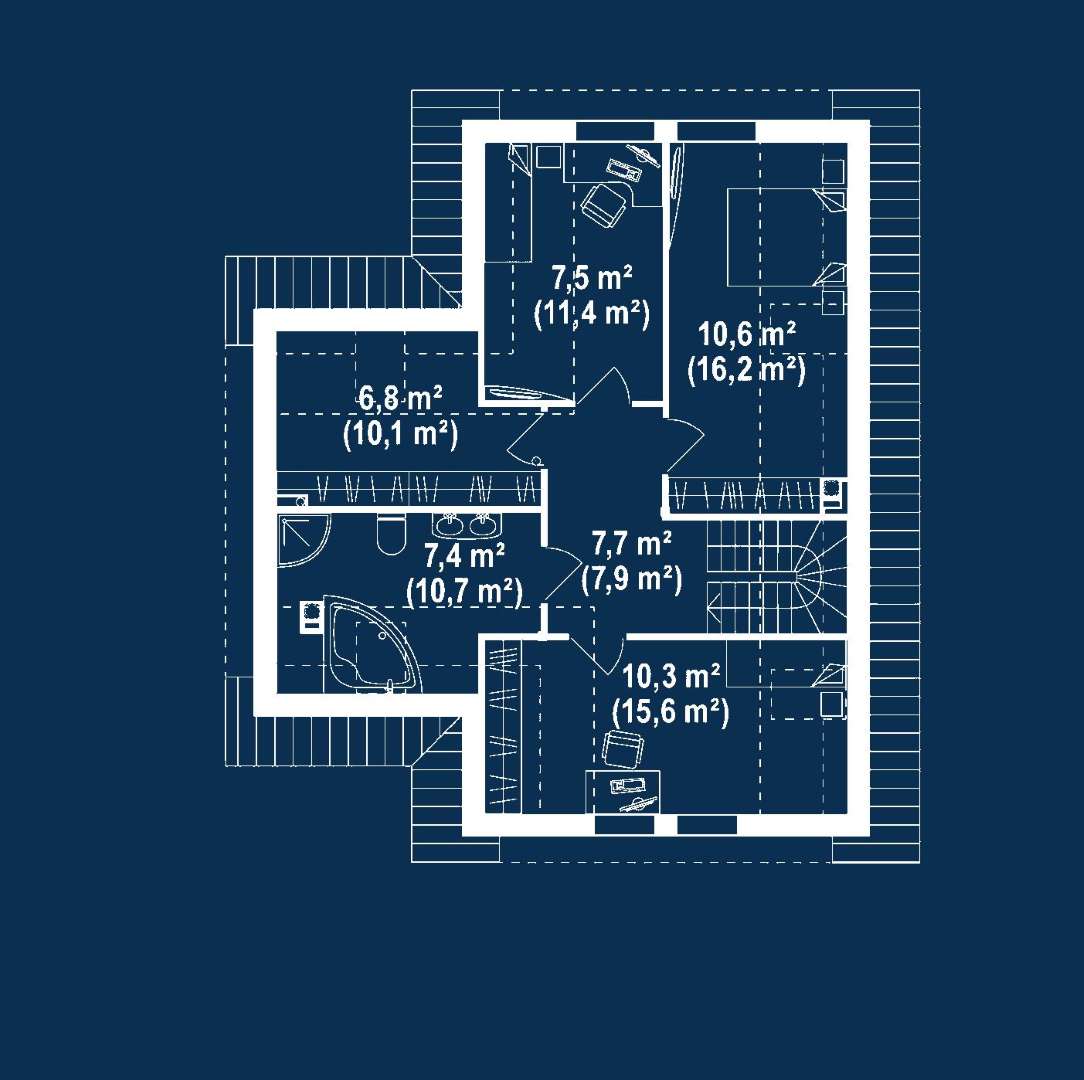 Plan mansardă Casă cu mansardă 117 mp utili, un dormitor, 2 băi