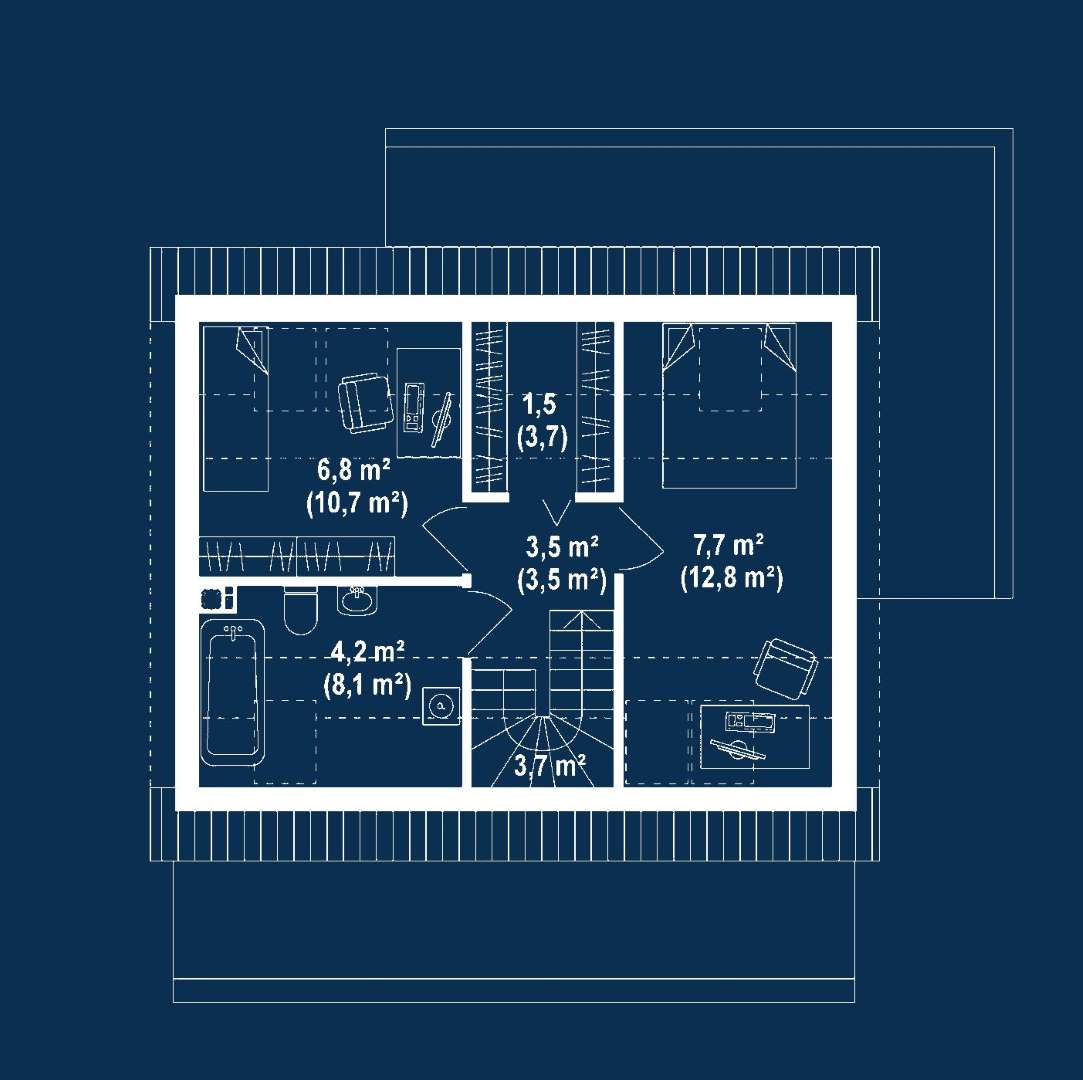 Plan mansardă Casă cu mansardă 62 mp utili, un dormitor, 2 băi