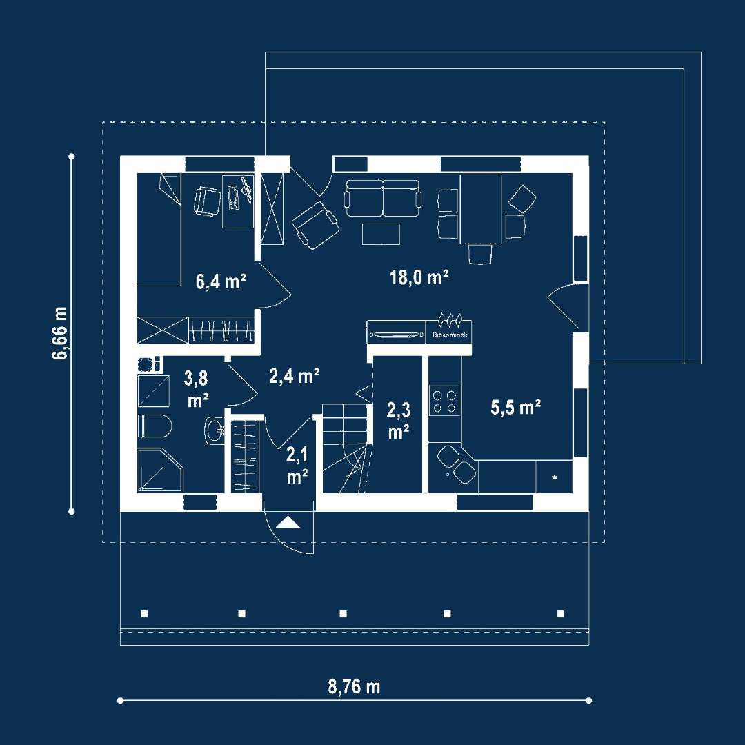 Plan parter Casă cu mansardă 62 mp utili, un dormitor, 2 băi