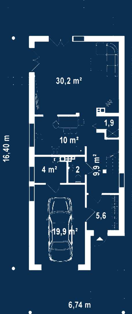 Plan parter Casă cu mansardă 122 mp utili, un dormitor, o baie