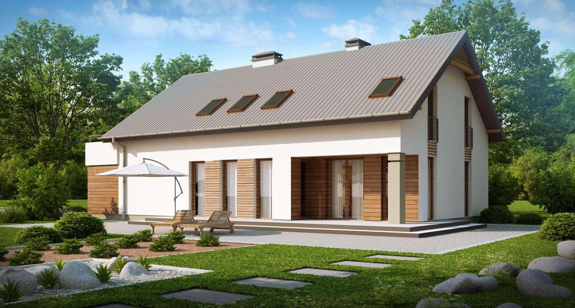Fatada Casă cu mansardă 161 mp utili, un dormitor, 2 băi