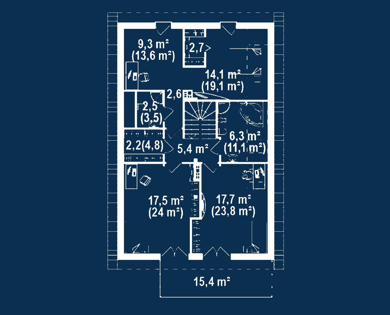 Plan mansardă Casă cu mansardă 161 mp utili, un dormitor, 2 băi