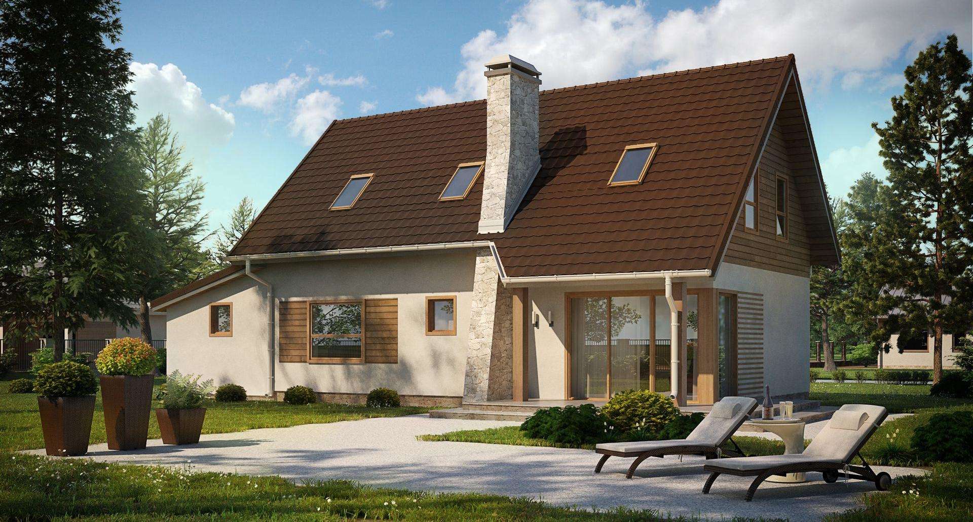 Fatada Casă cu mansardă 125 mp utili, un dormitor, 3 băi
