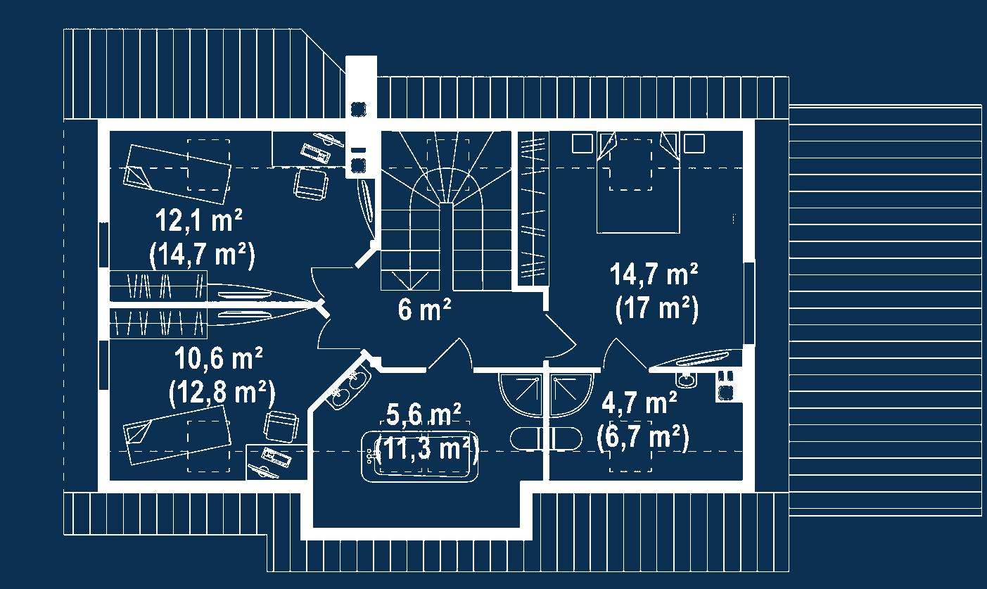 Plan mansardă Casă cu mansardă 125 mp utili, un dormitor, 3 băi