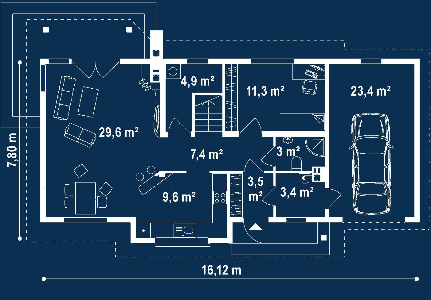 Plan parter Casă cu mansardă 125 mp utili, un dormitor, 3 băi