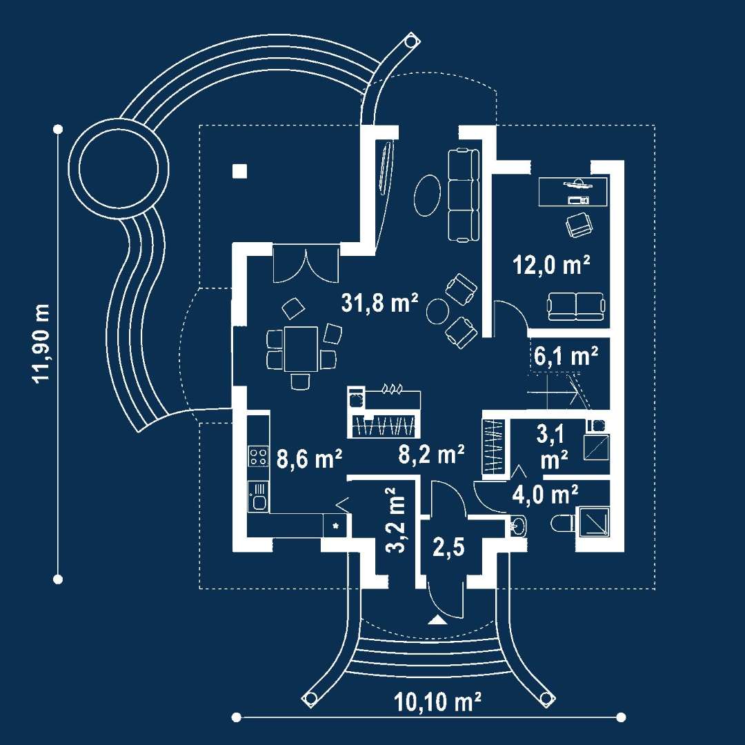 Plan parter Casă cu mansardă 133 mp utili, un dormitor, o baie
