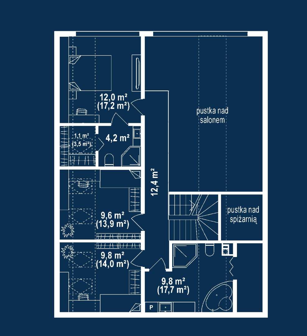 Plan mansardă Casă cu mansardă 127 mp utili, un dormitor, 3 băi