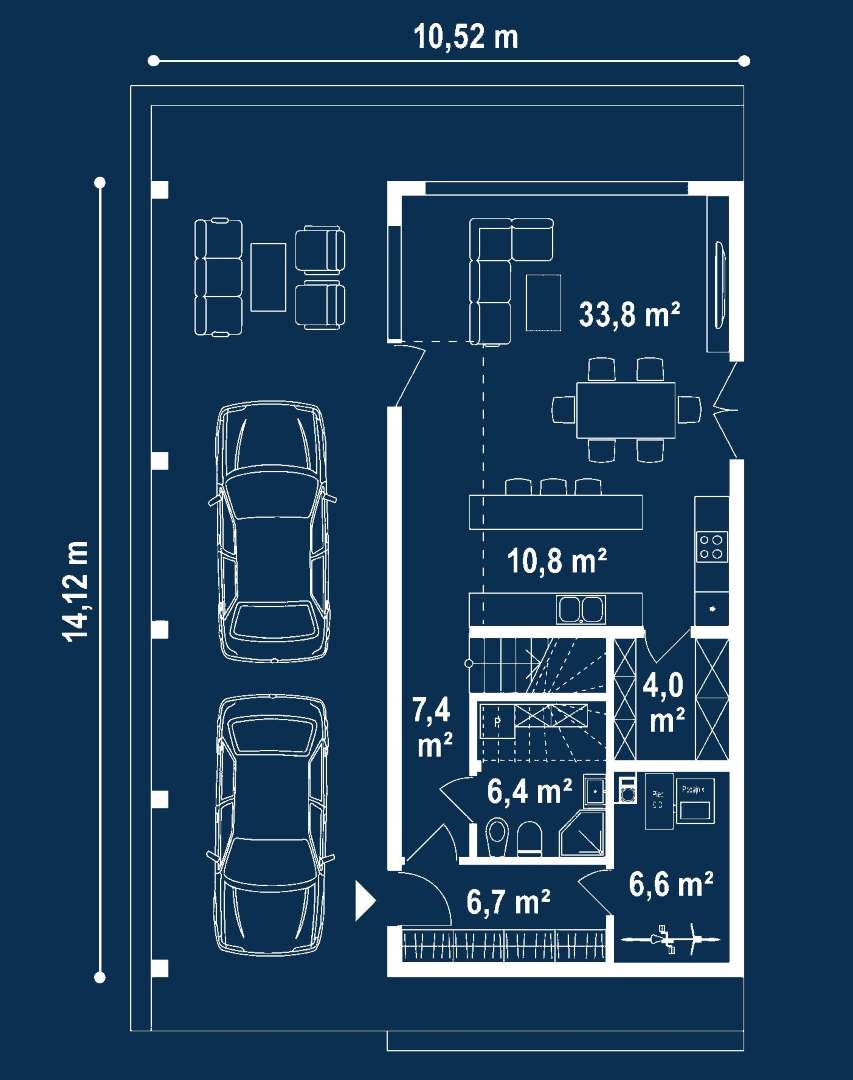 Plan parter Casă cu mansardă 127 mp utili, un dormitor, 3 băi