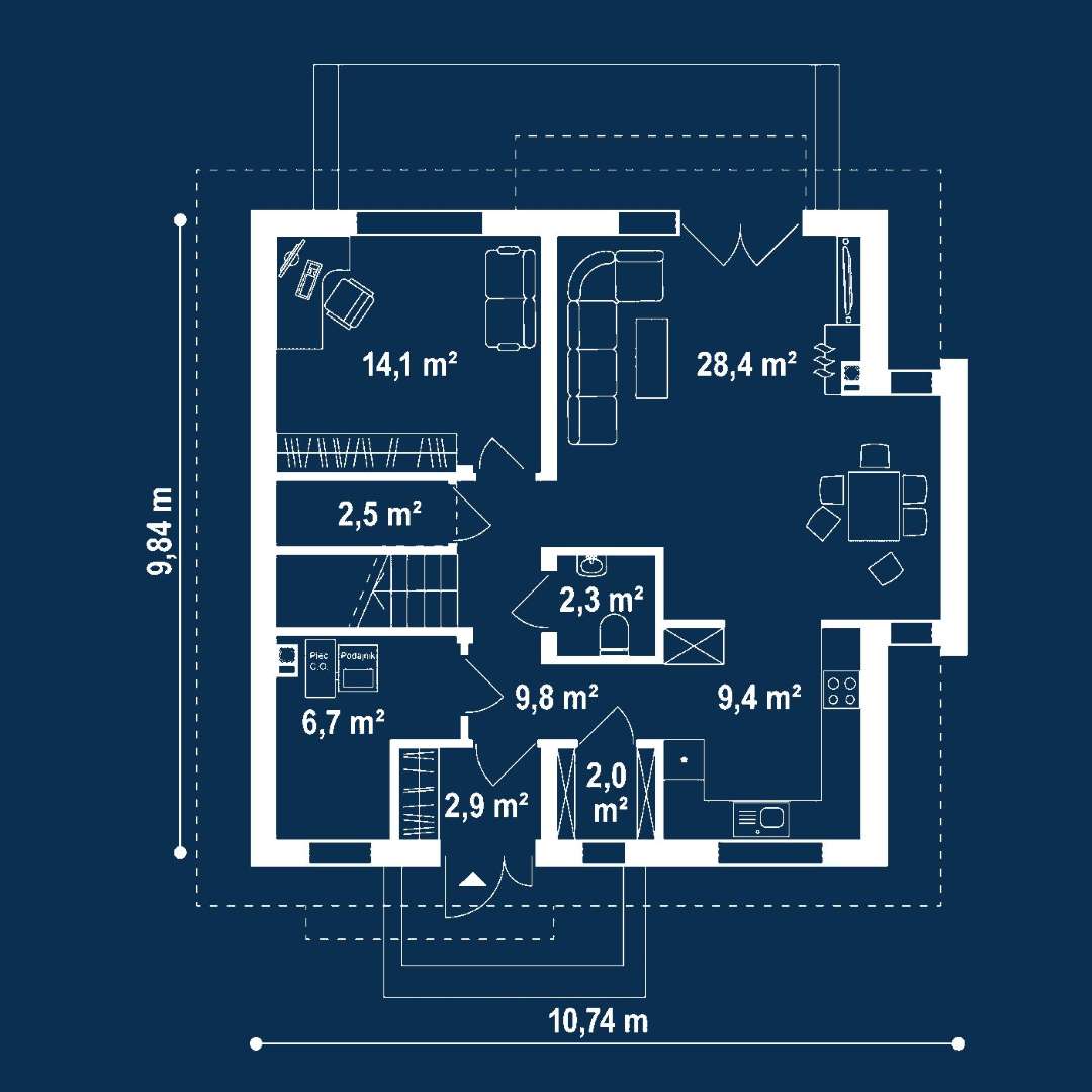 Plan parter Casă cu mansardă 123 mp utili, un dormitor, o baie