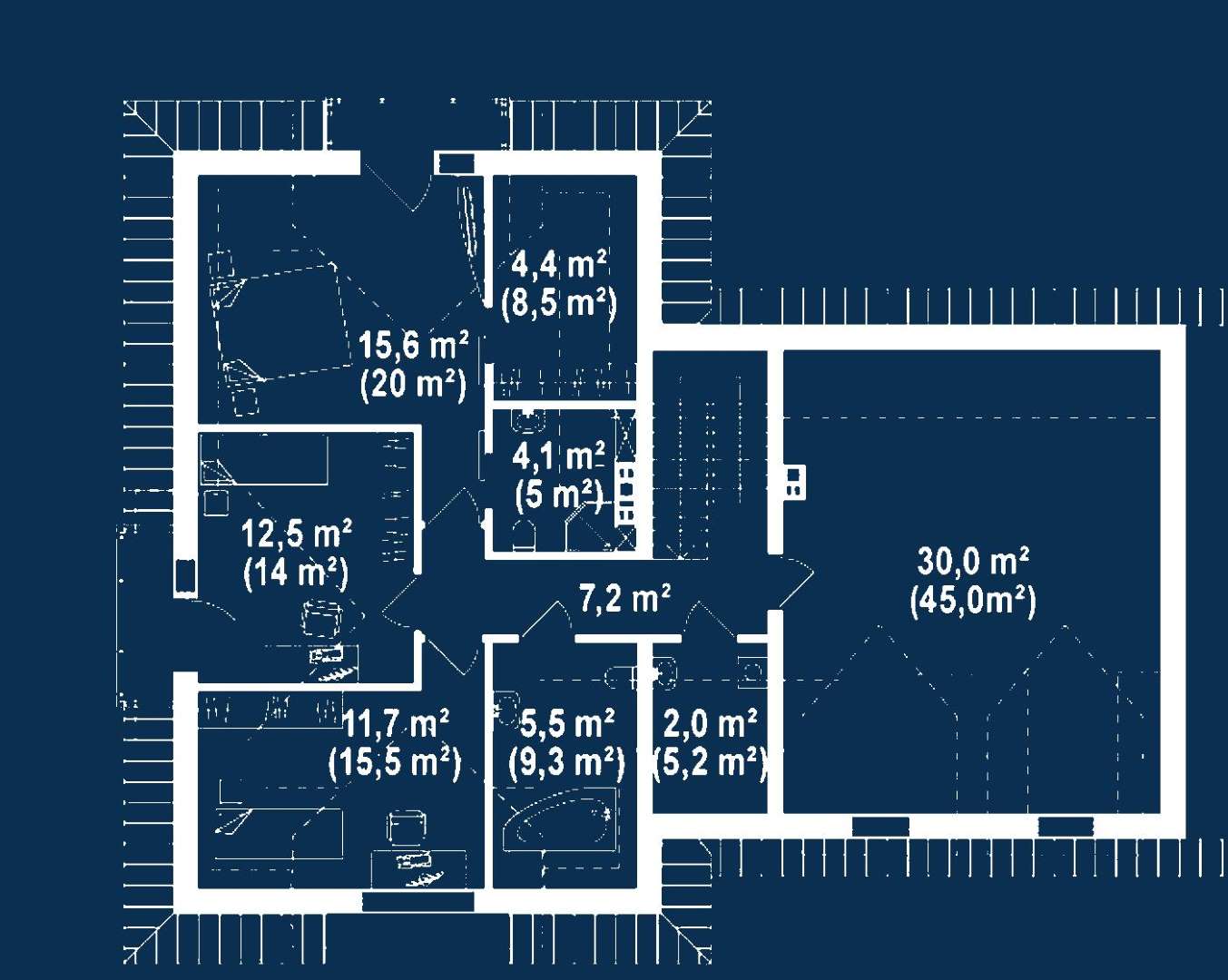 Plan mansardă Casă cu mansardă 148 mp utili, un dormitor, 3 băi