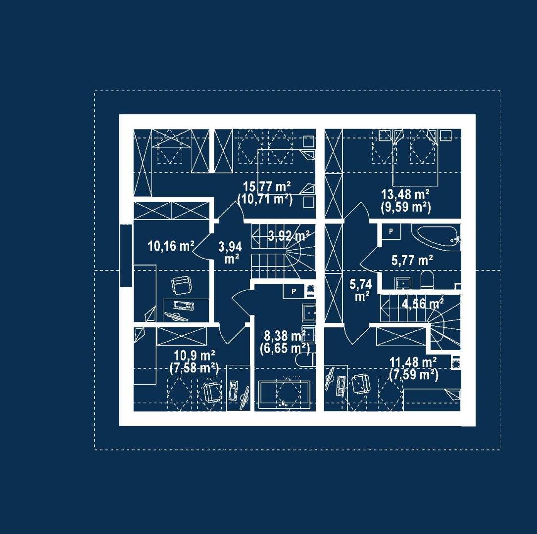 Plan mansardă Casă cu mansardă 157 mp utili, un dormitor, 4 băi
