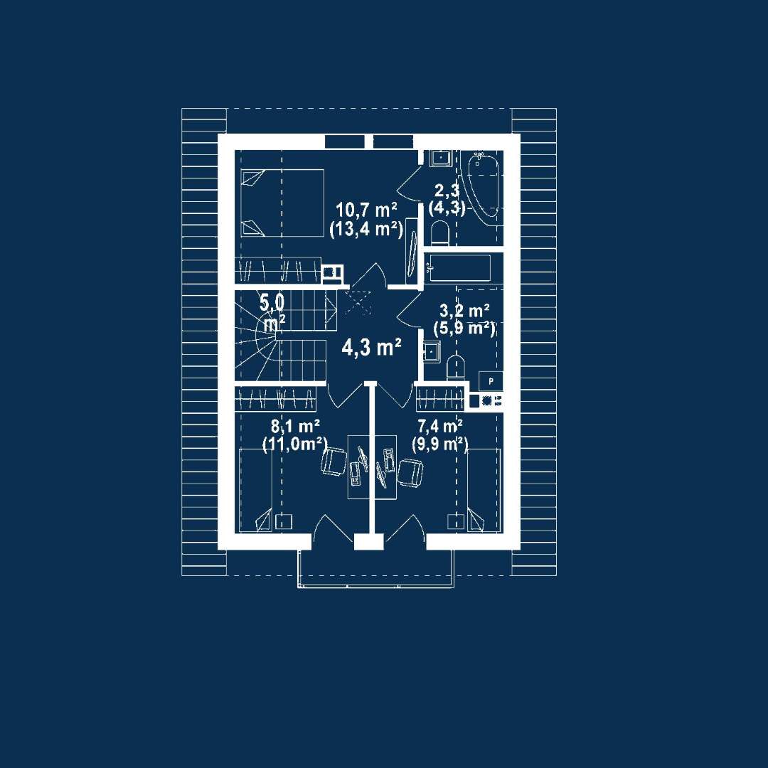 Plan mansardă Casă cu mansardă 80 mp utili, un dormitor, 2 băi