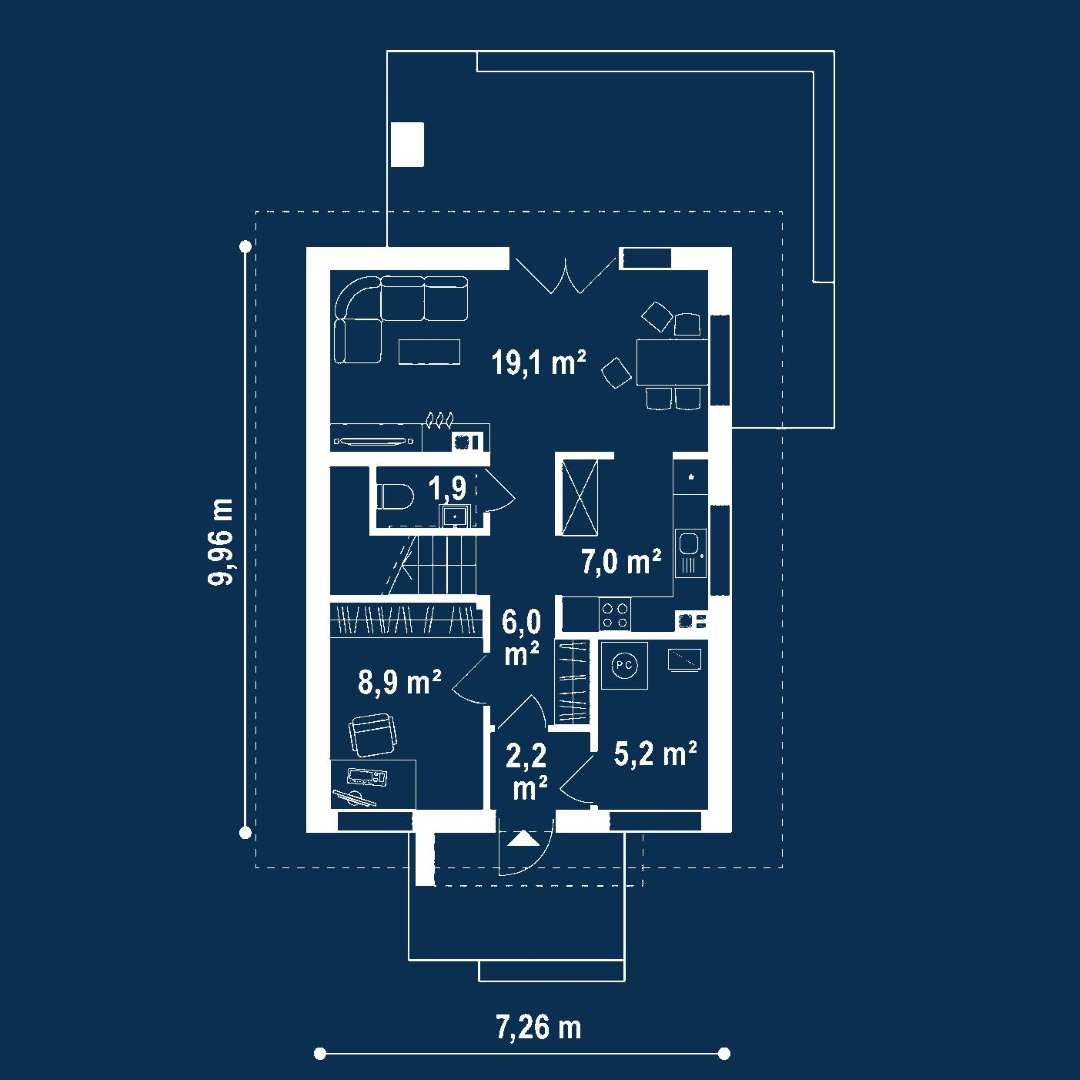 Plan parter Casă cu mansardă 80 mp utili, un dormitor, 2 băi