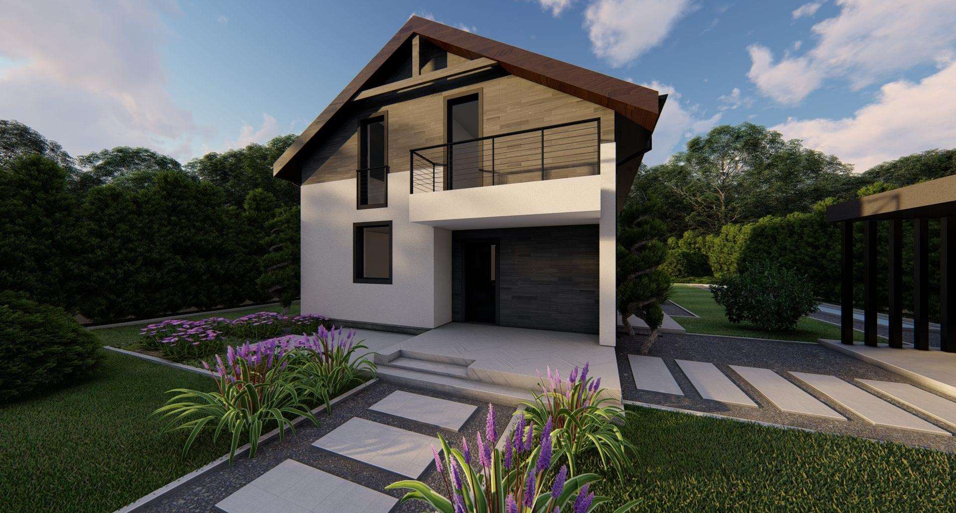 Fatada Casă cu mansardă 127 mp utili, un dormitor, 3 băi