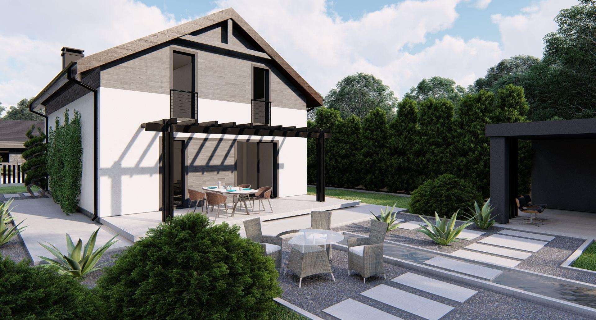 Fatada Casă cu mansardă 127 mp utili, un dormitor, 3 băi