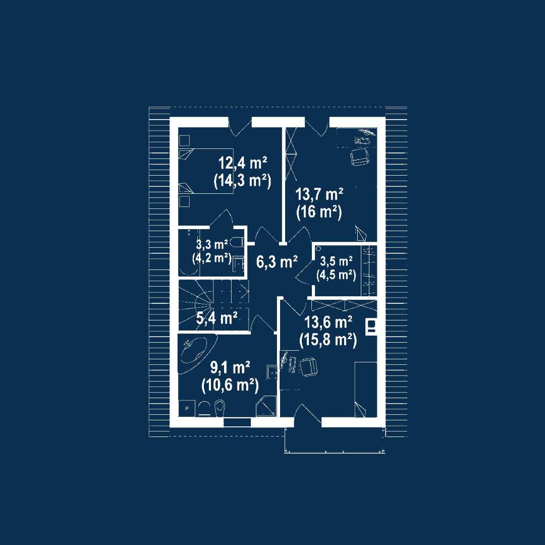 Plan mansardă Casă cu mansardă 127 mp utili, un dormitor, 3 băi