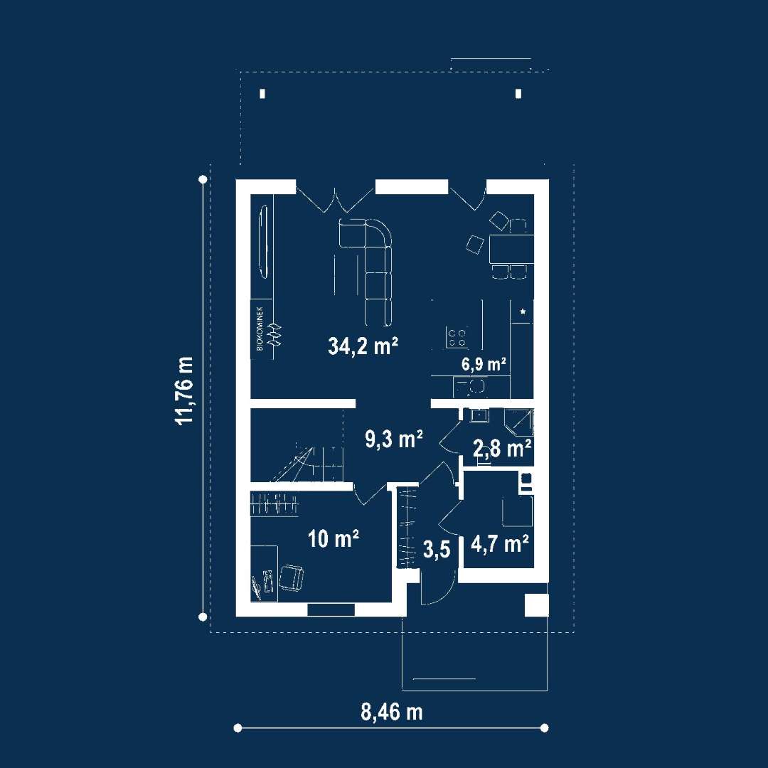 Plan parter Casă cu mansardă 127 mp utili, un dormitor, 3 băi