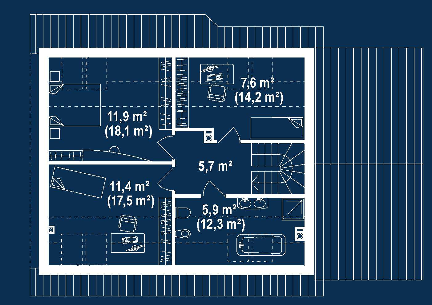 Plan mansardă Casă cu mansardă 107 mp utili, un dormitor, o baie