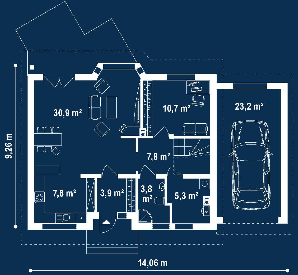 Plan parter Casă cu mansardă 107 mp utili, un dormitor, o baie