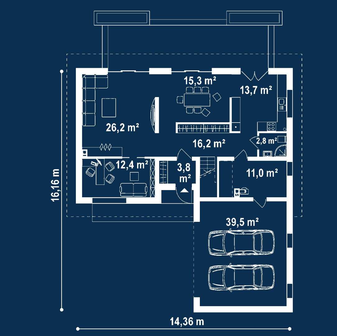 Plan parter Casă cu mansardă 173 mp utili, un dormitor, 3 băi