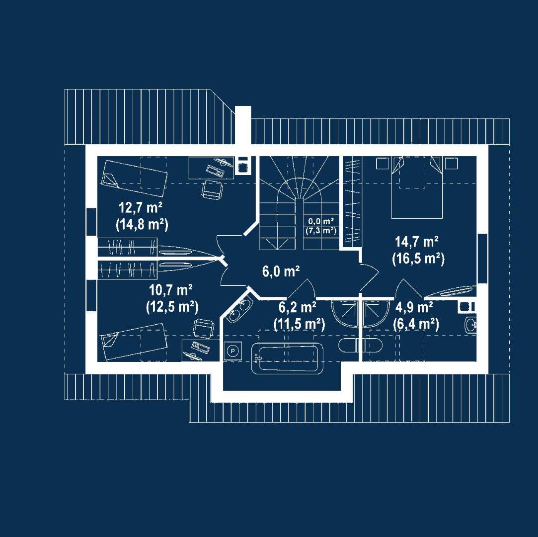 Plan mansardă Casă cu mansardă 121 mp utili, un dormitor, 3 băi