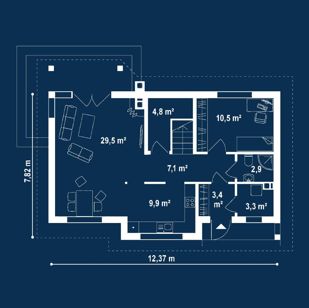Plan parter Casă cu mansardă 121 mp utili, un dormitor, 3 băi