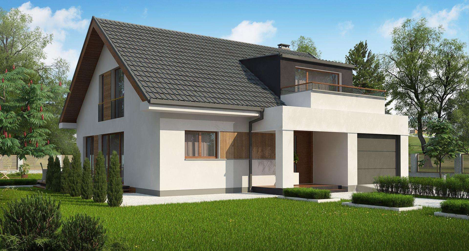Fatada Casă cu mansardă 168 mp utili, un dormitor, 2 băi