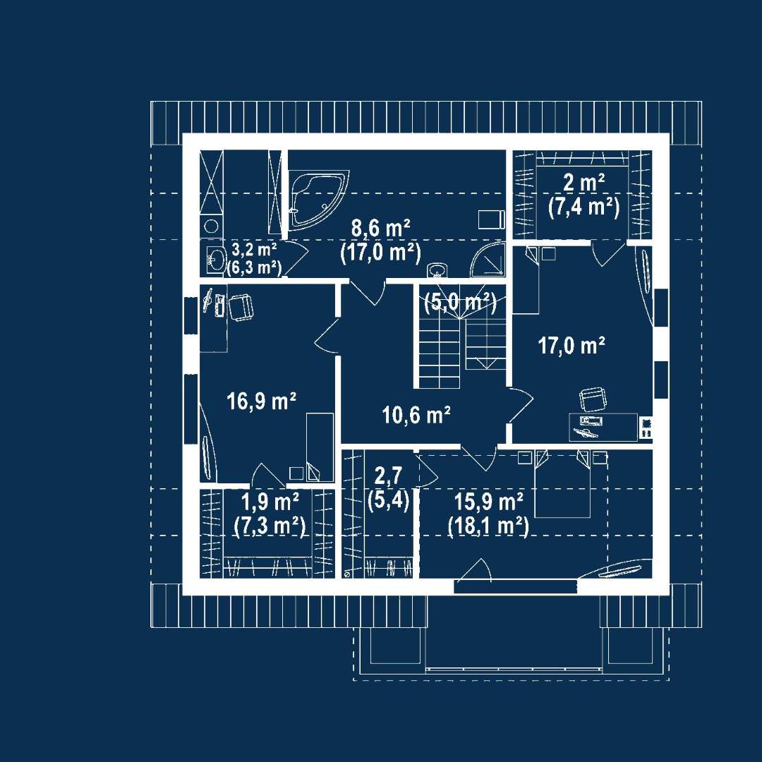 Plan mansardă Casă cu mansardă 168 mp utili, un dormitor, 2 băi