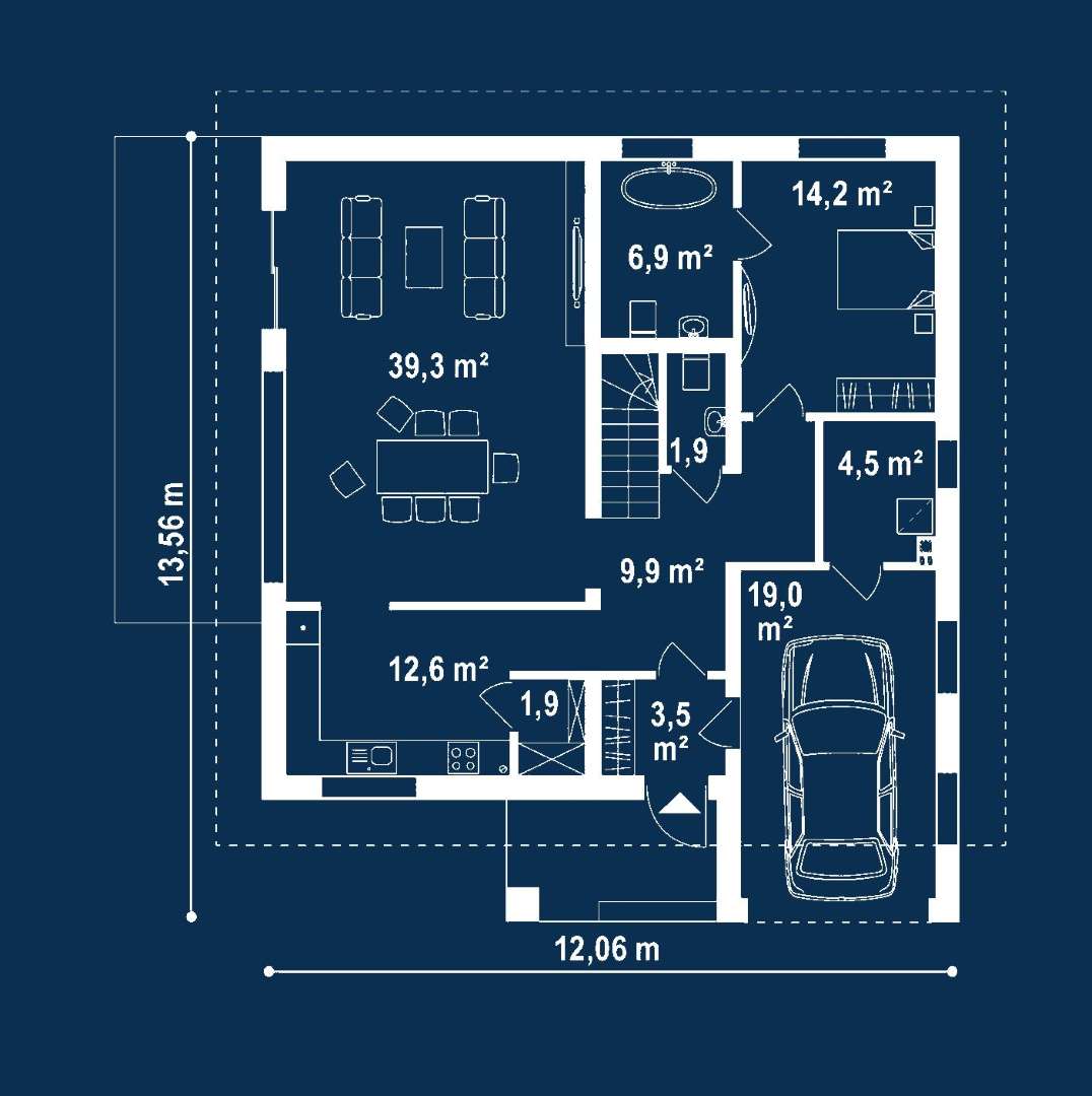 Plan parter Casă cu mansardă 168 mp utili, un dormitor, 2 băi