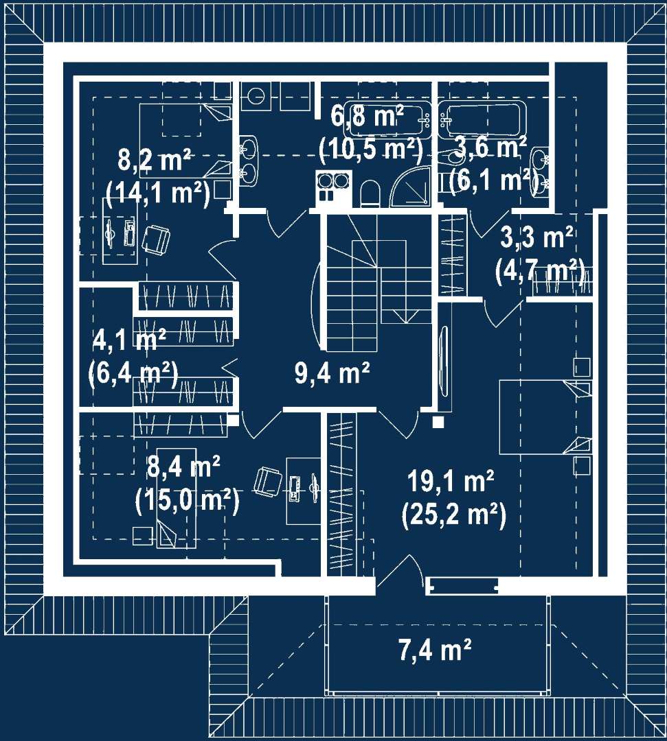 Plan mansardă Casă cu mansardă 157 mp utili, un dormitor, 3 băi