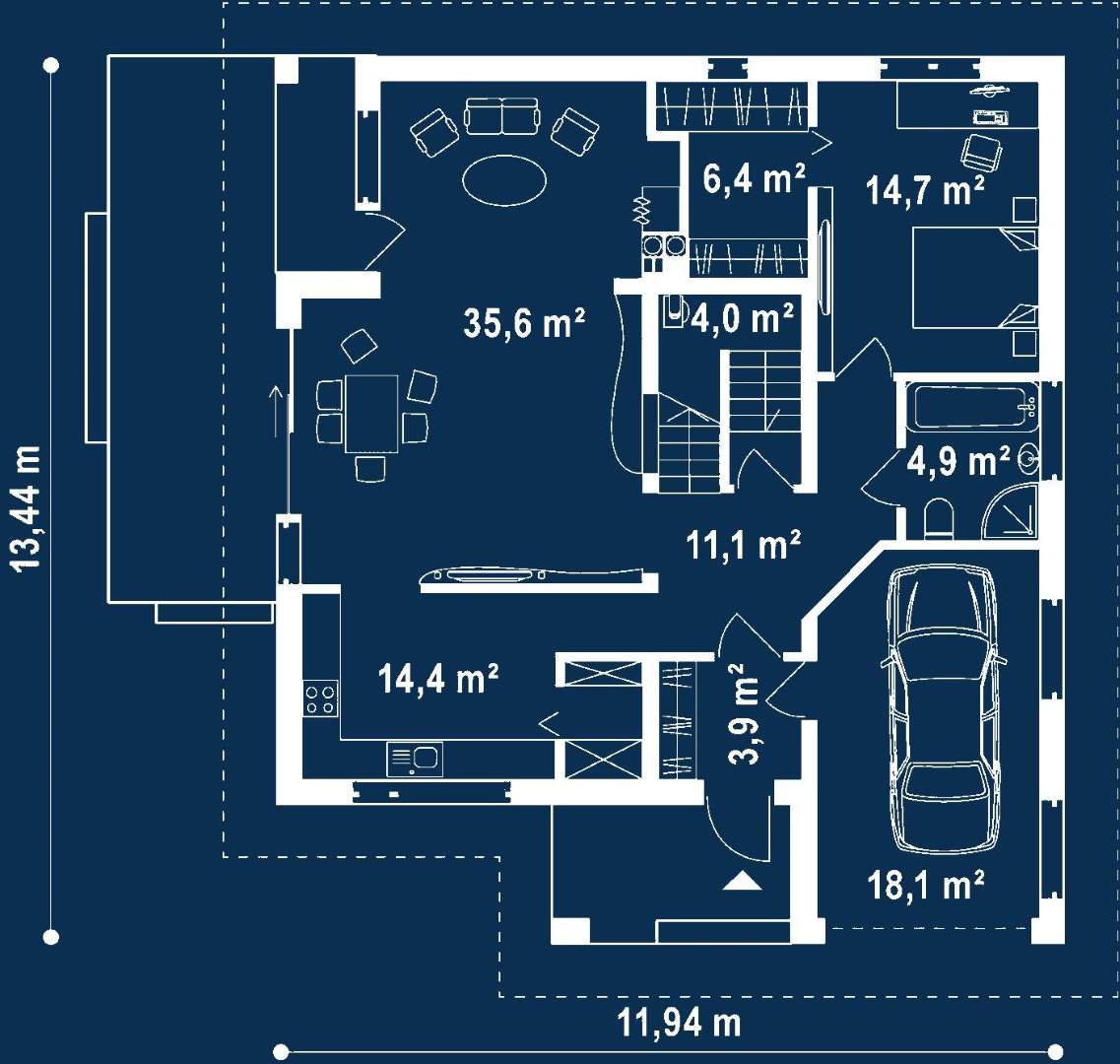 Plan parter Casă cu mansardă 157 mp utili, un dormitor, 3 băi