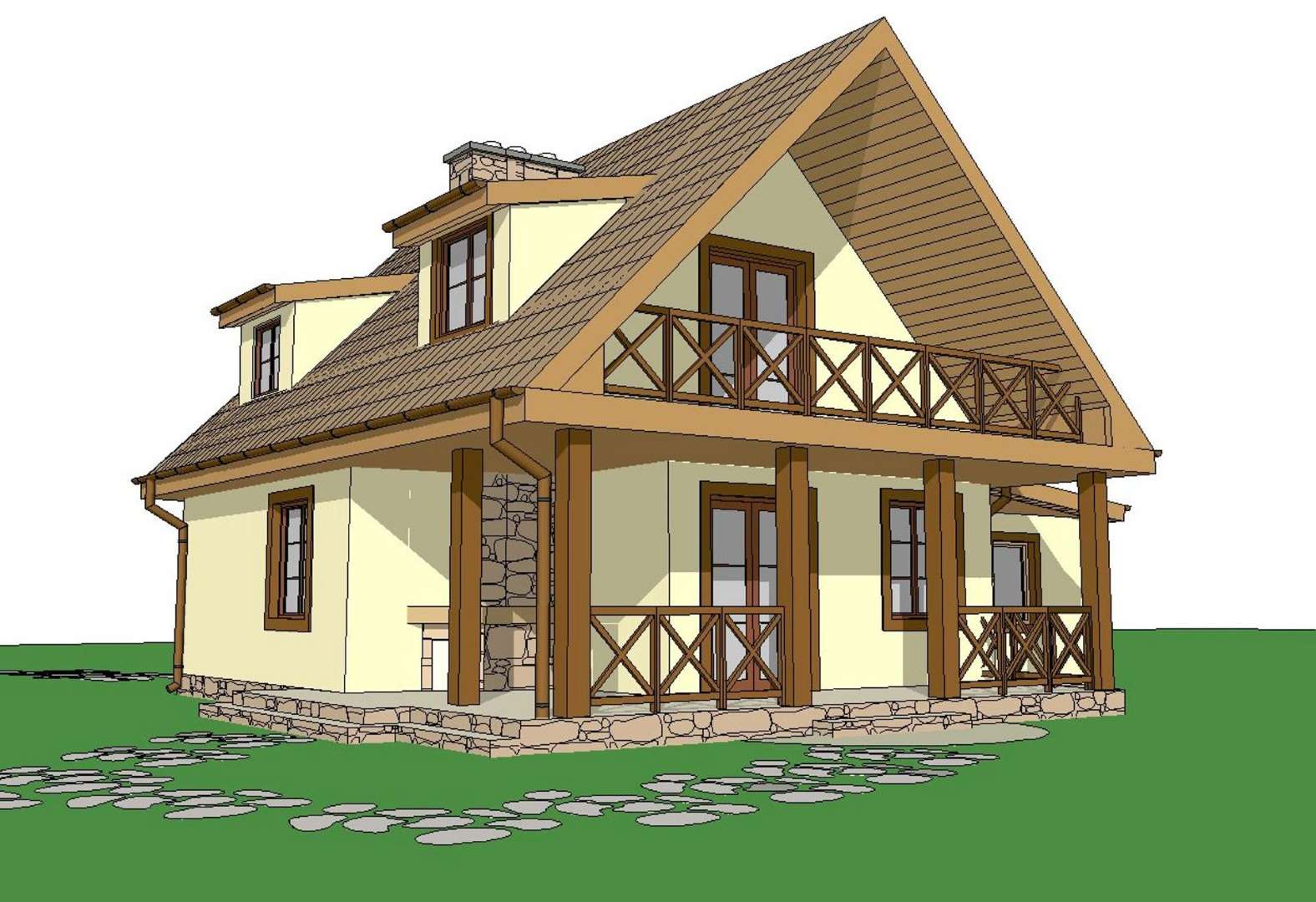 Fatada Casă cu mansardă 95 mp utili, un dormitor, 2 băi