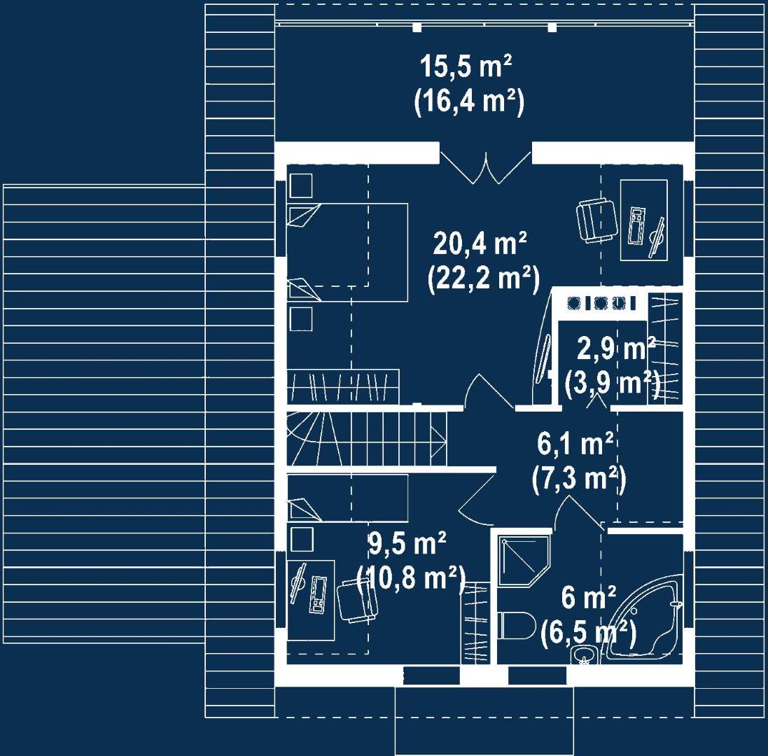 Plan mansardă Casă cu mansardă 95 mp utili, un dormitor, 2 băi
