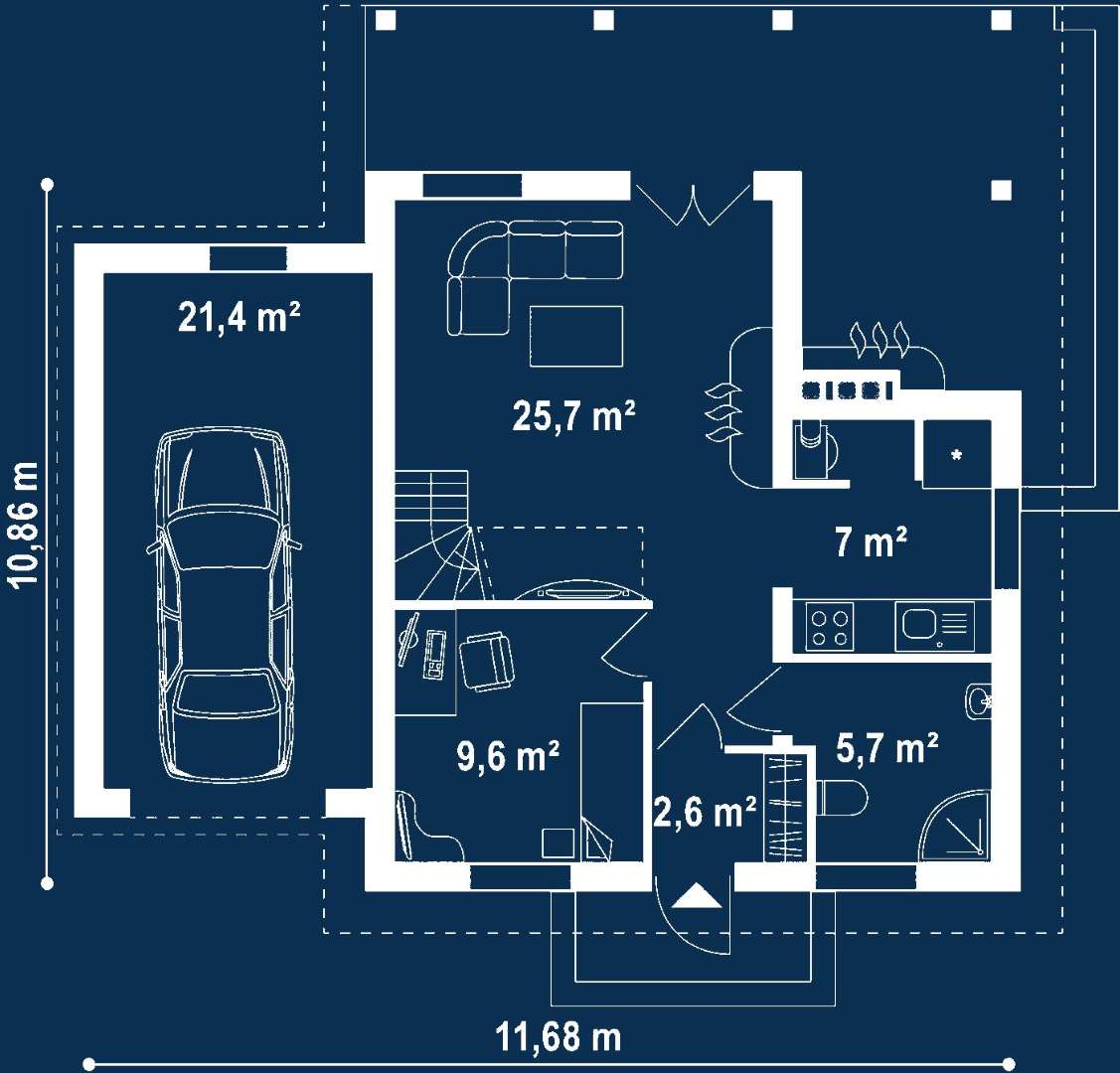 Plan parter Casă cu mansardă 95 mp utili, un dormitor, 2 băi